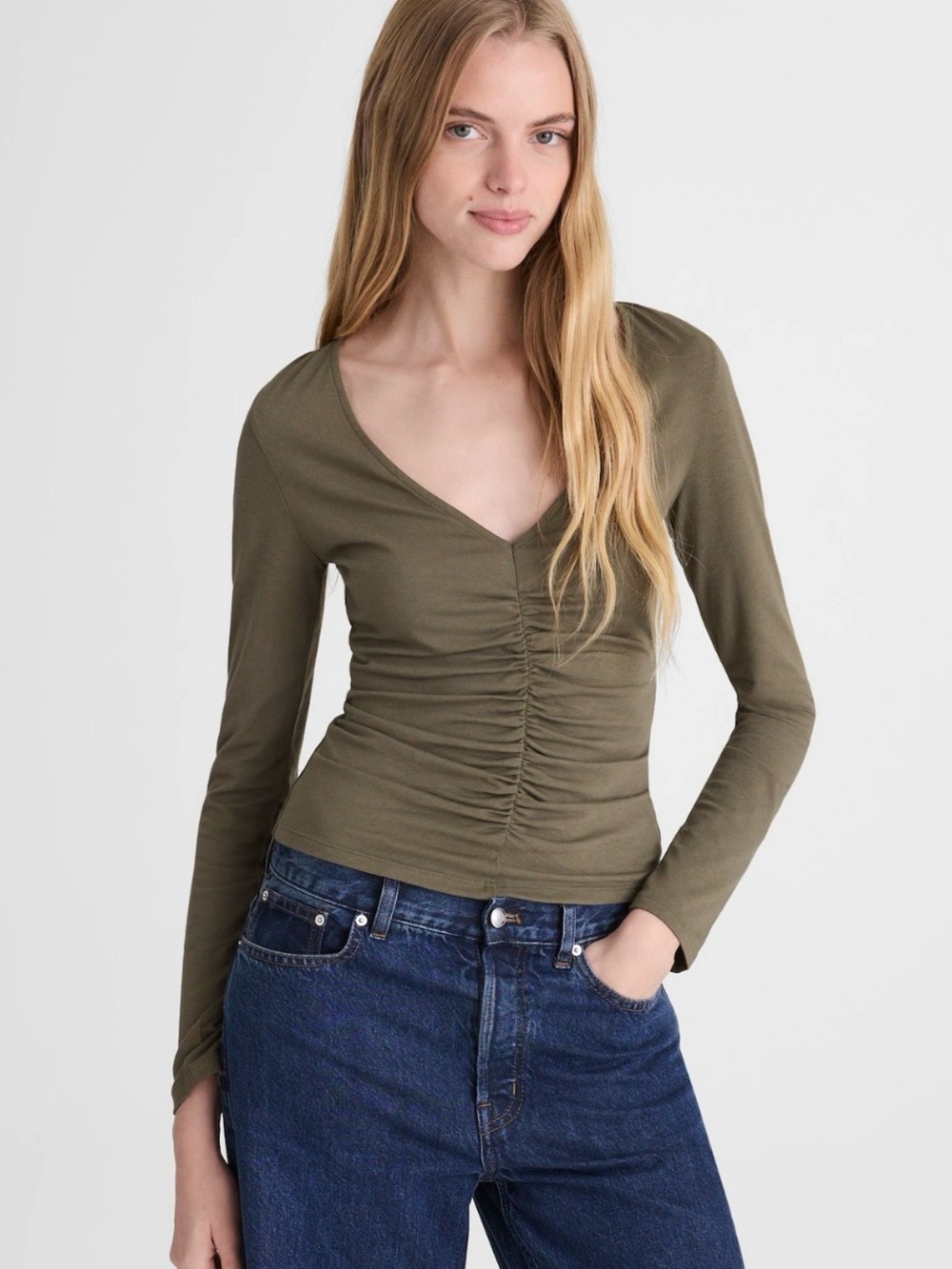 Madewell Shirred V-Neck Long-Sleeved Top Size M